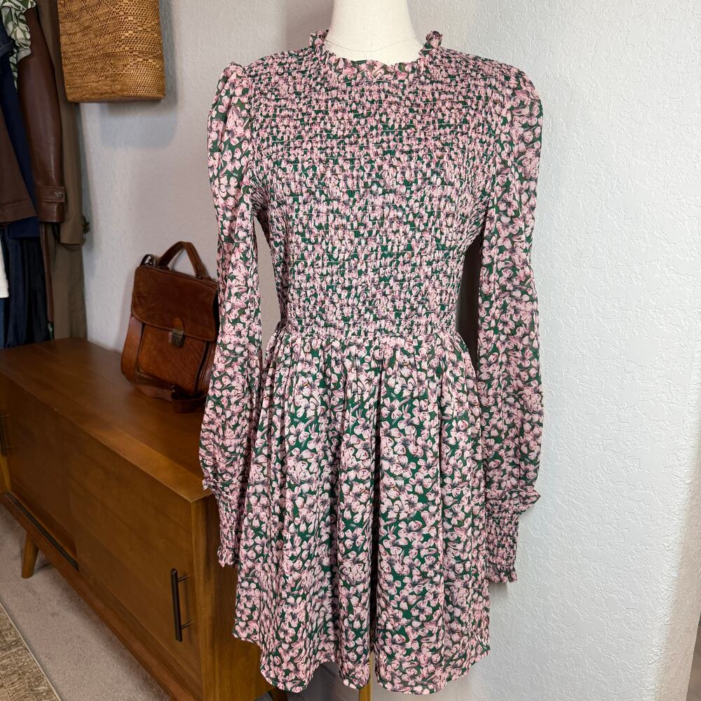 Women's Lulus Pink and Green Floral Smocked‎ Top Long Sleeve Dress Size L NEW